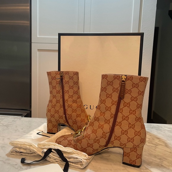 Gucci GG Logo Marmont Guccissima Monogram Brown Mid-Calf  Heel Boot shoe - Picture 11 of 12